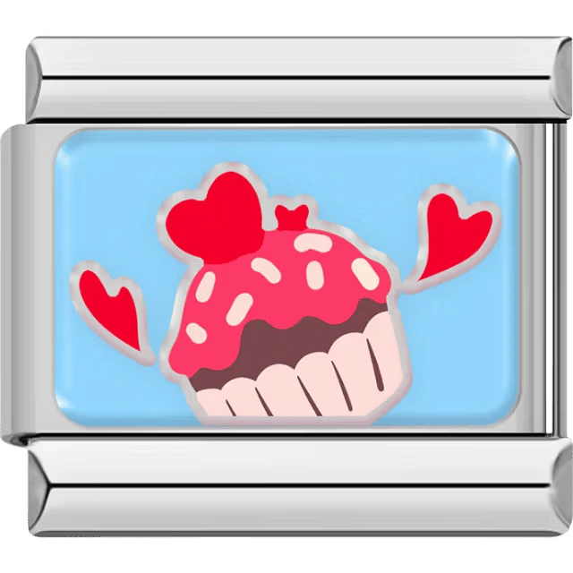 Cute cupcake with pink frosting, sprinkles, and flying red hearts on a light blue background.